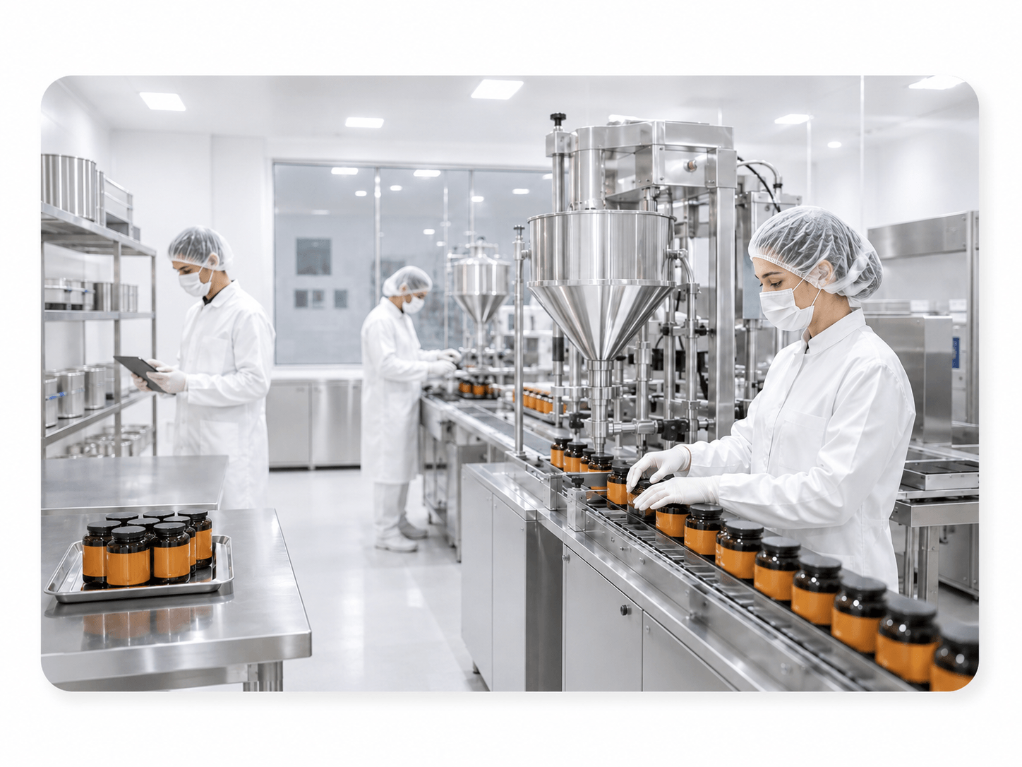 Inside The Packing Company facility — operators on the supplement filling line